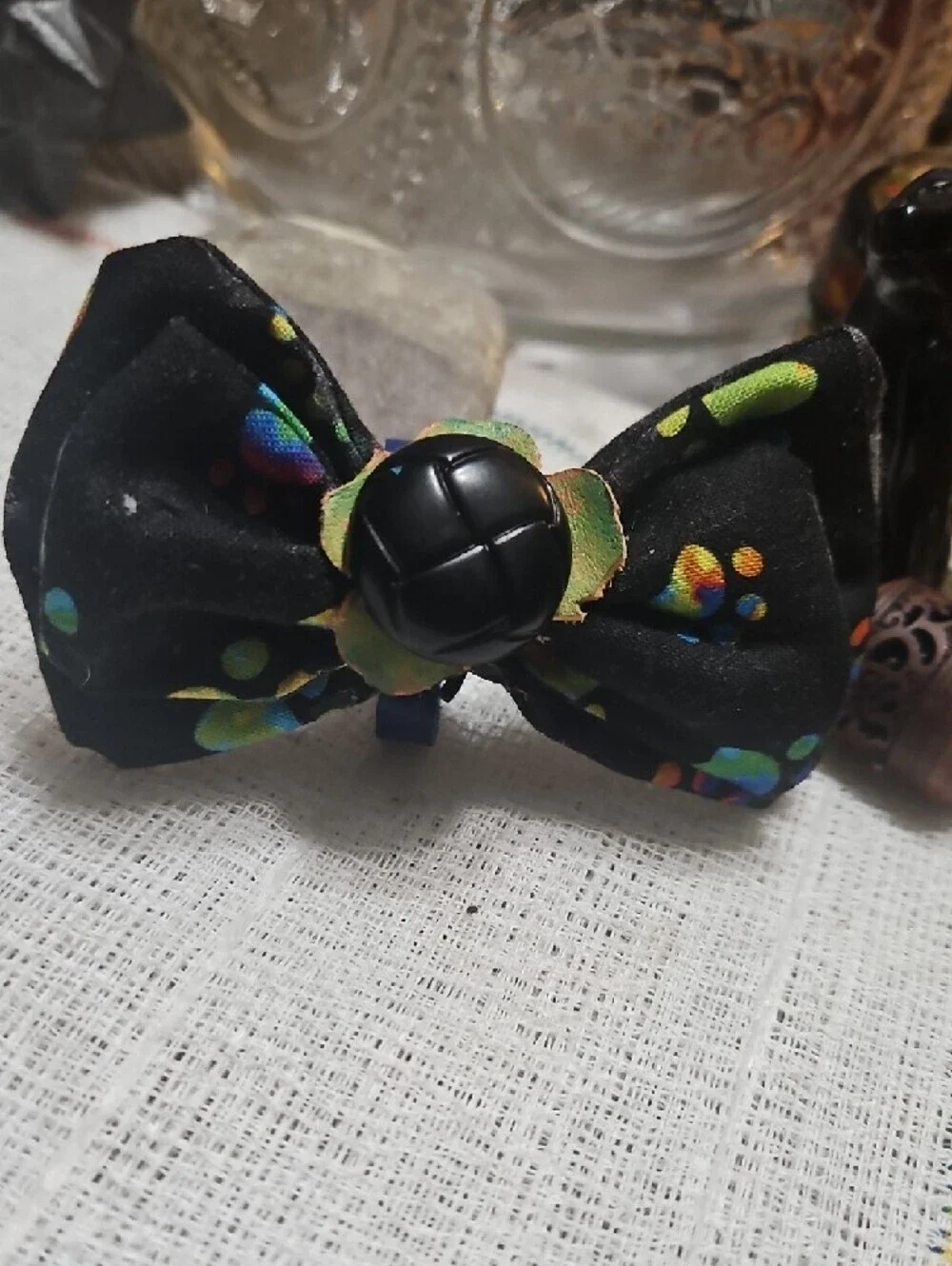 Handmade Black Dog Collar Bow Tie Neon Paw Prints Black Button NEW